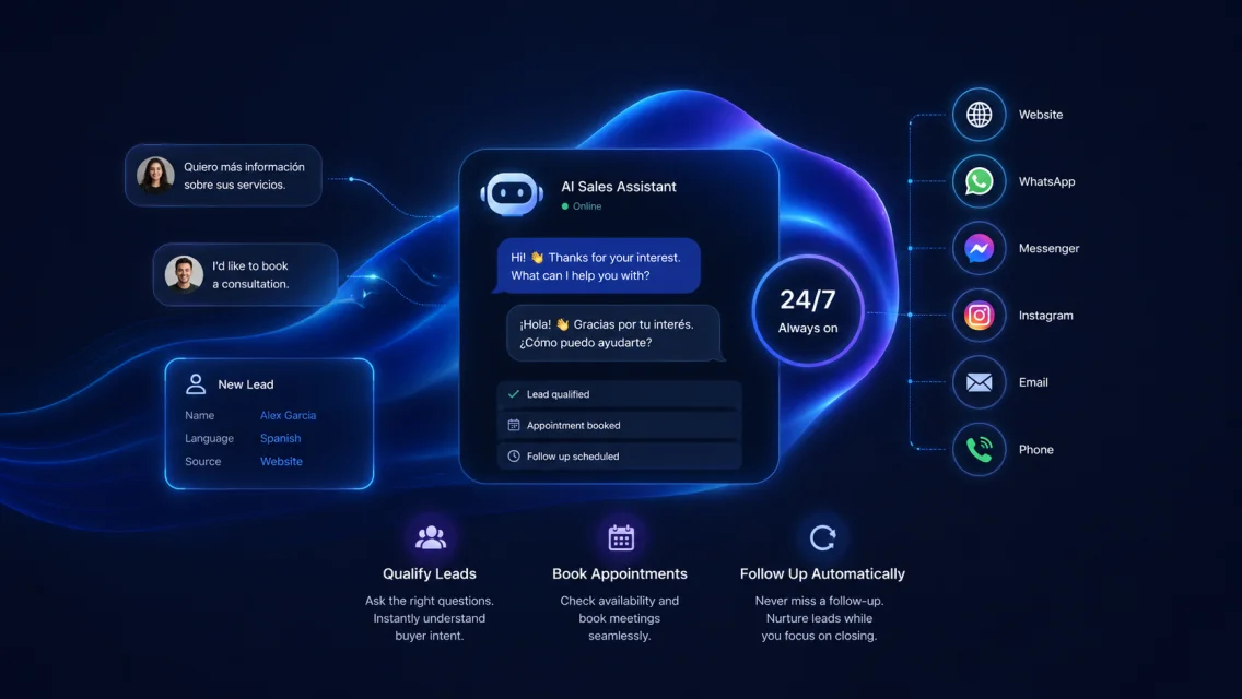 AI Sales Assistant interface showing bilingual chat across six channels with live qualification, booking, and follow-up status.