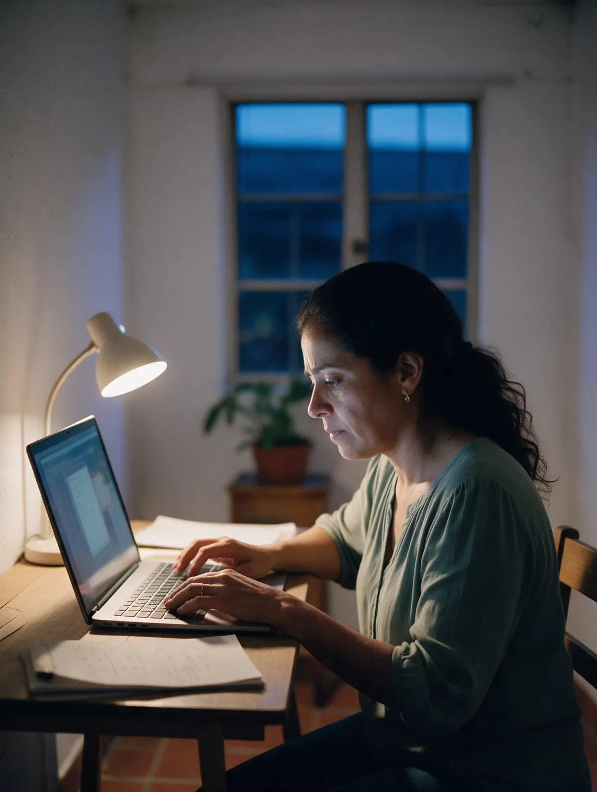 María at her laptop, filling in the same form on several sites.