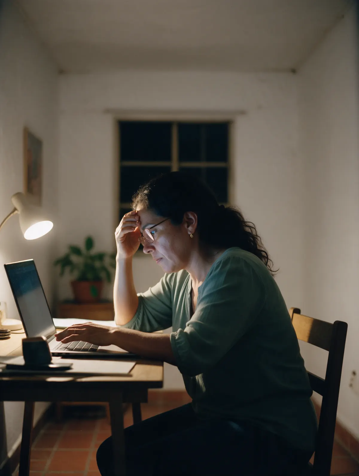 María in reading glasses, tired at the laptop, the lamp the only light.